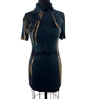 MAJ Navy Blue Gold Tunic Top Tie-Dye Turtle Neck 1/4 Sleeve Size X-Small XS